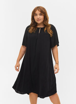 Short-sleeved viscose dress, Black, Model image number 0