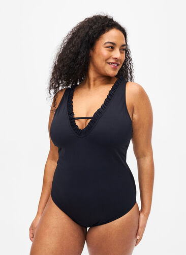 V-neck swimsuit with ruffles, Black, Model image number 0