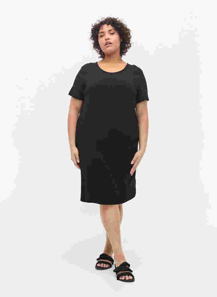 Short-sleeved viscose dress with back detail, Black, Model image number 3
