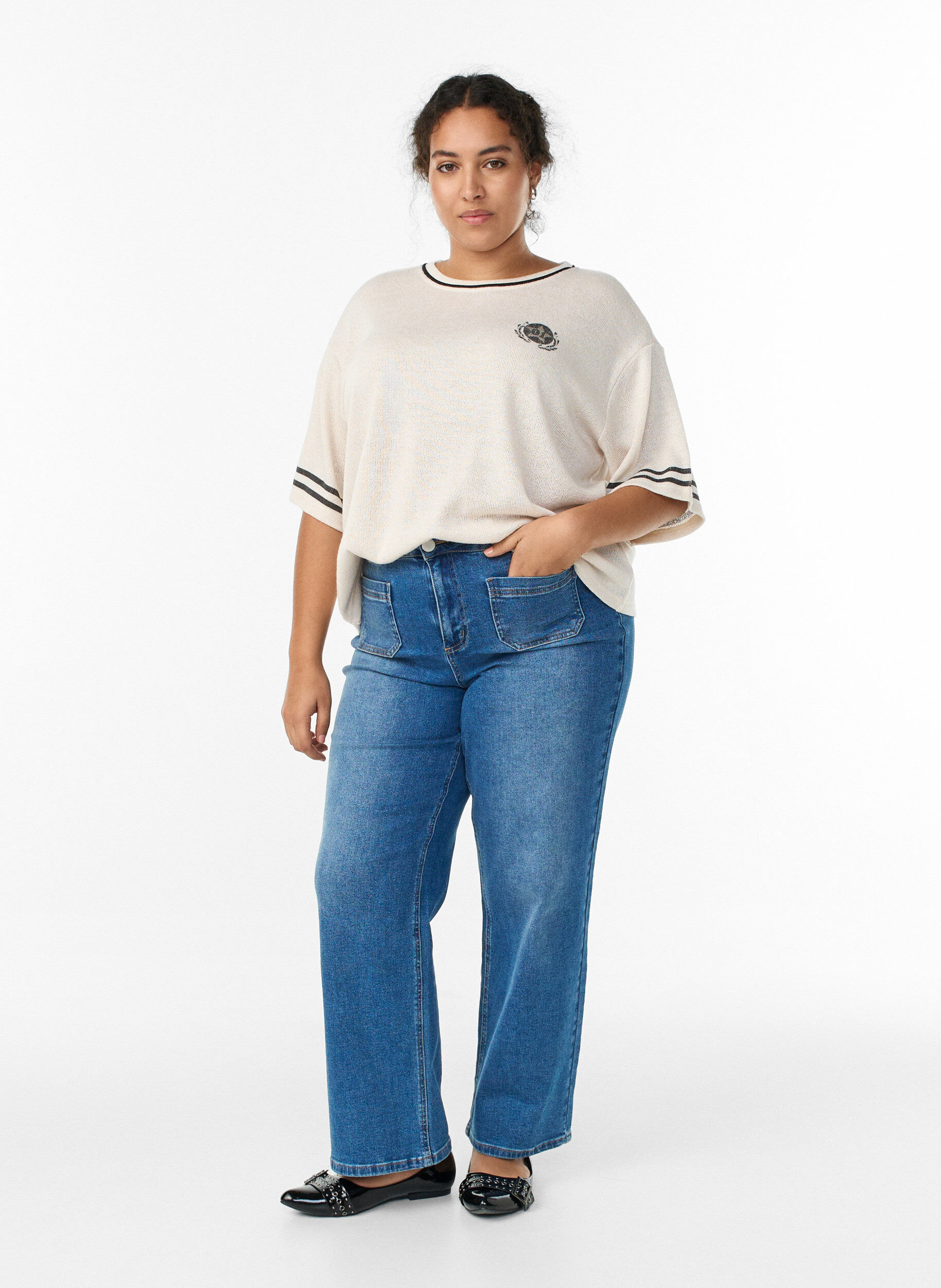 Zizzifashion Short-sleeved blouse with contrast stripes, Beige, Model image number 1