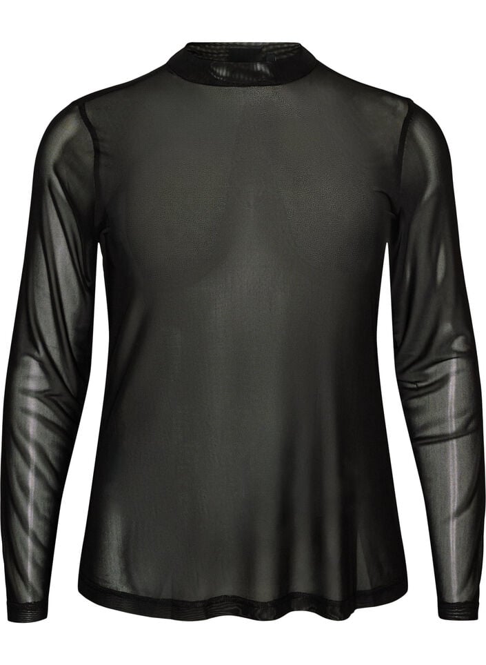 Fitted mesh blouse with long sleeves, Black, Packshot image number 0