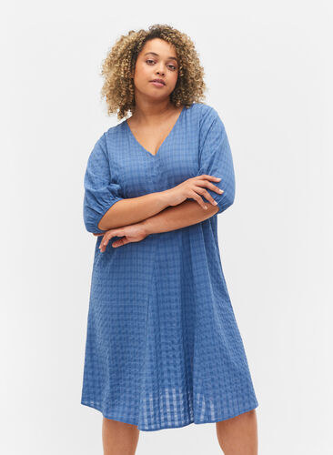 Crepe dress with v-neck and balloon sleeves, Moonlight Blue, Model image number 0