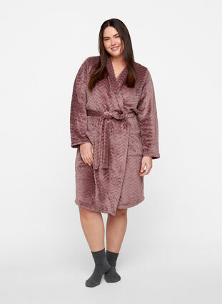 Short patterned dressing gown with pockets, Rose Taupe, Model image number 2
