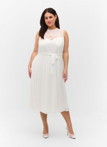 Sleeveless dress with lace and pleats, Star White, Model image number 0