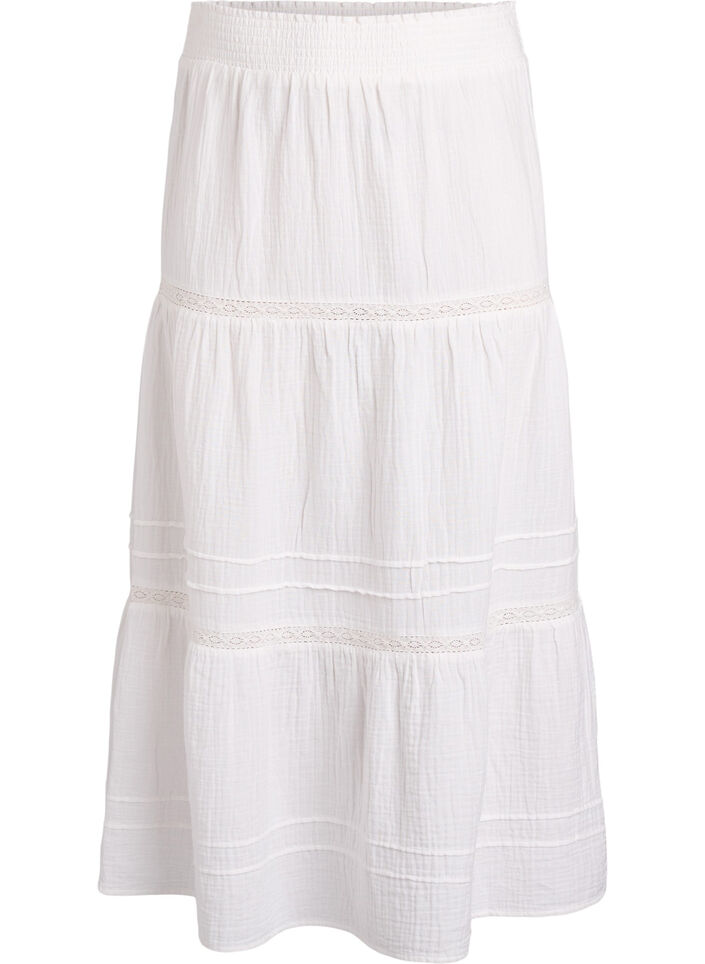 A-line midi skirt in cotton muslin with crochet band, White, Packshot image number 0