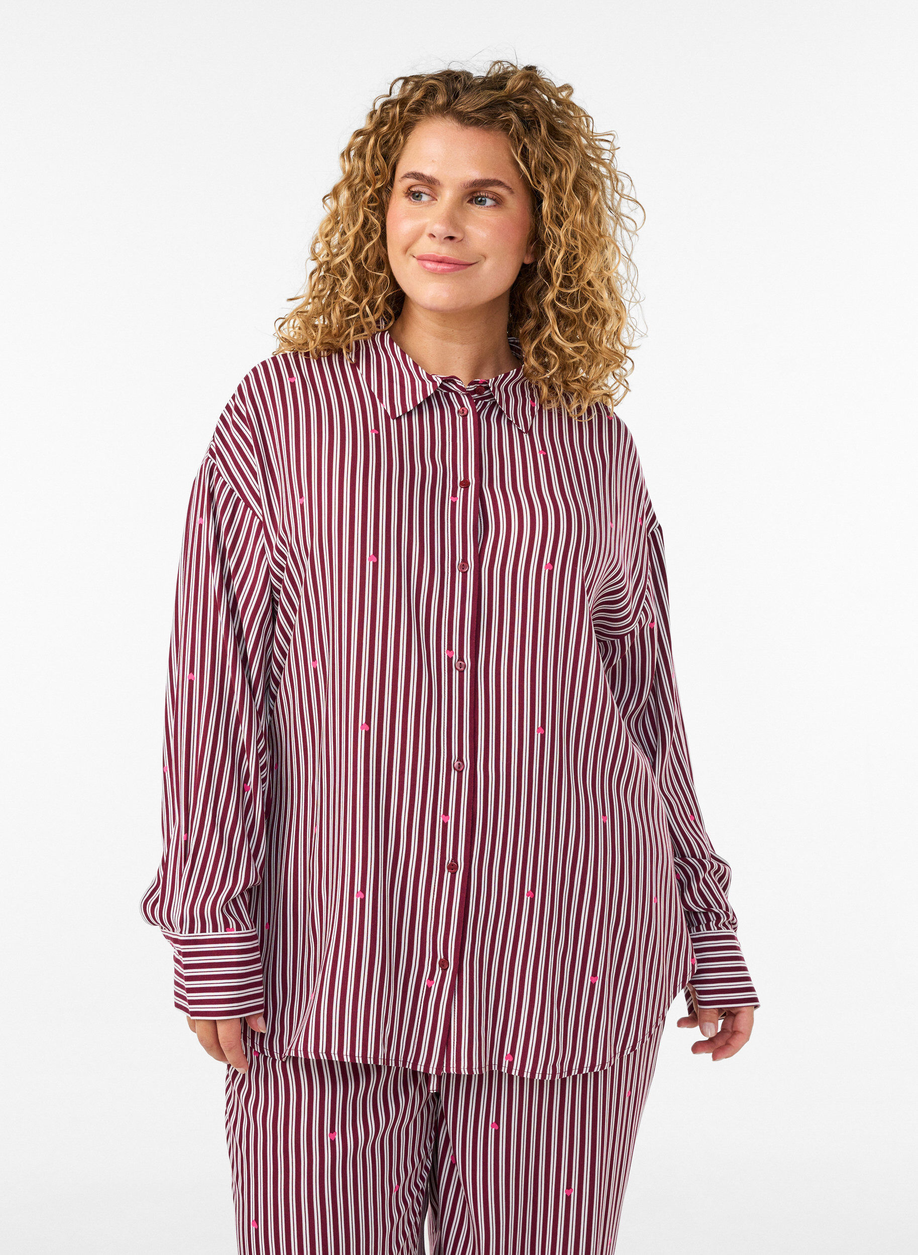 ZizzifashionNightshirt with stripes and hearts, Dark Bordeaux, Model image number 0