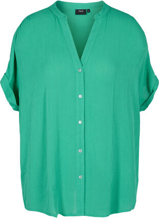 Short-sleeved viscose shirt with v-neck, Holly Green, Packshot image number 0