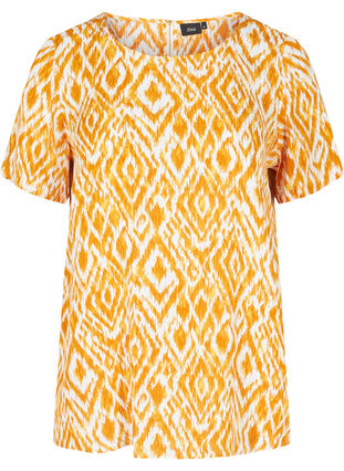 Short-sleeved viscose blouse with print, Golden Yellow AOP, Packshot image number 0