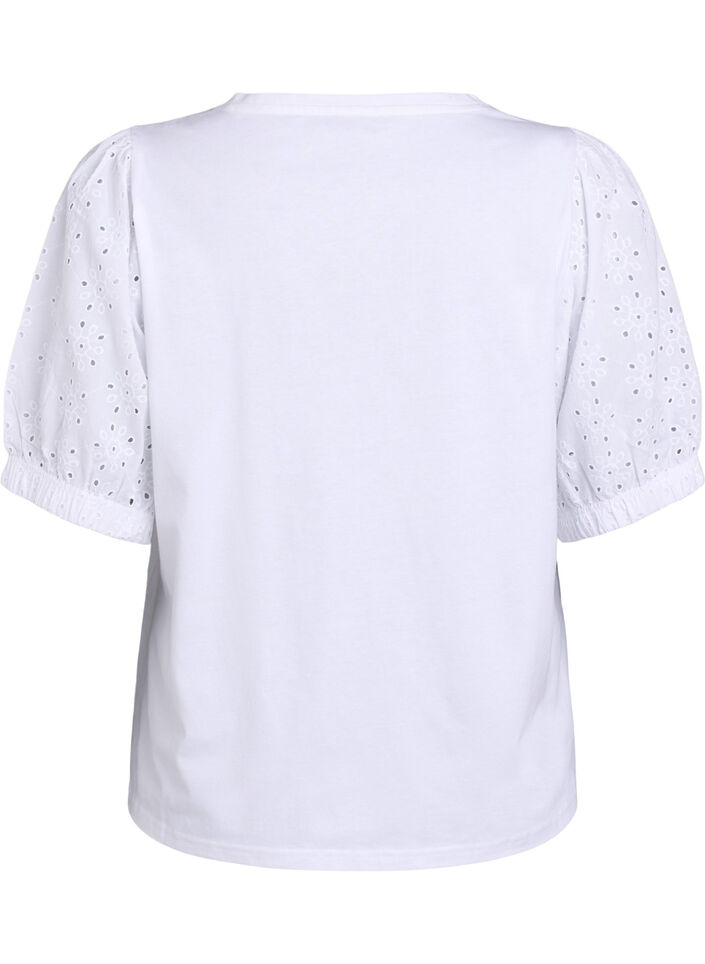 T-shirt with broderie anglaise sleeves, White, Packshot image number 1