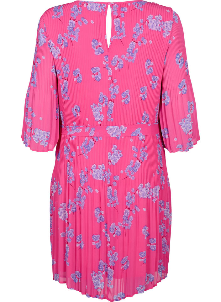 Printed pleated dress with tie string, Beetroot Purple AOP, Packshot image number 1