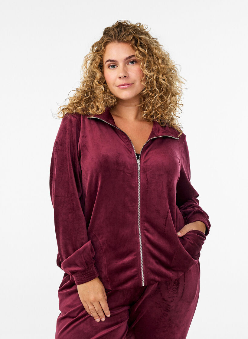 Velour cardigan with zipper and high collar, Dark Bordeaux, Model image number 0