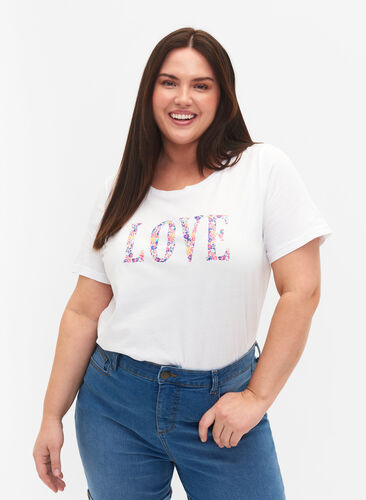Cotton t-shirt with round neck and print, Bright White W. Love, Model image number 0