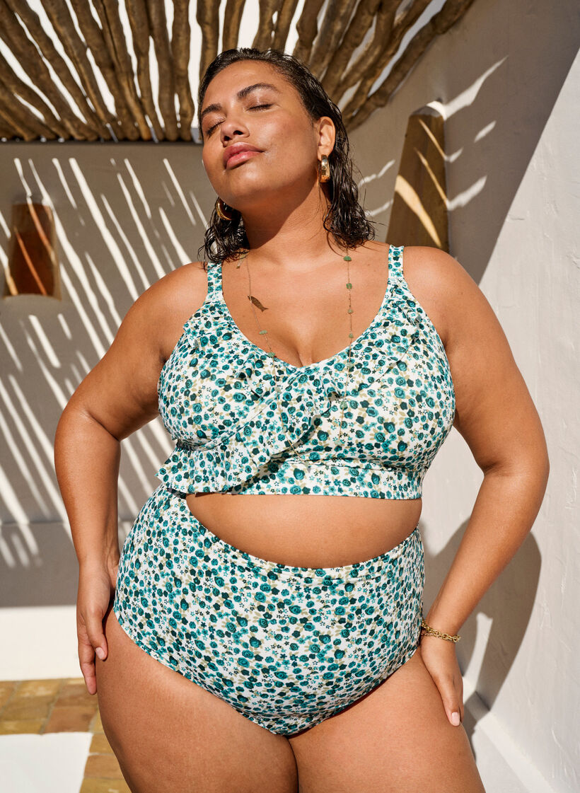 Bikini top with print and ruffle details, Green, Image image number 0