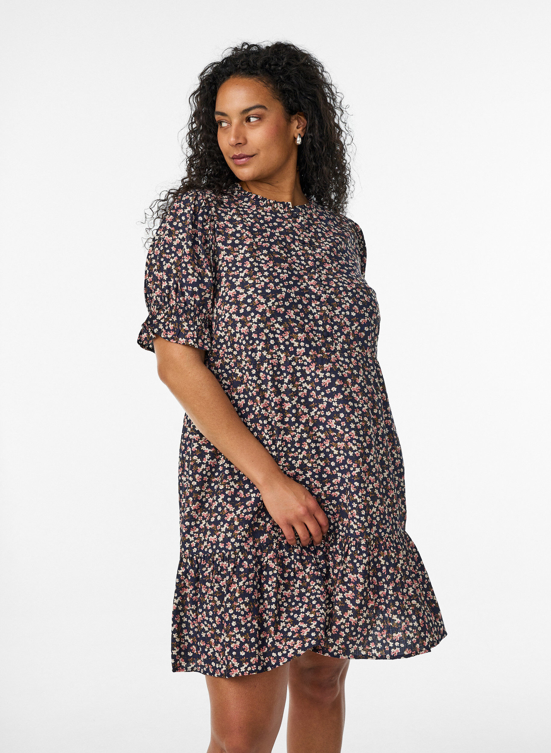 Short viscose dress with ruffle details, Blue, Model