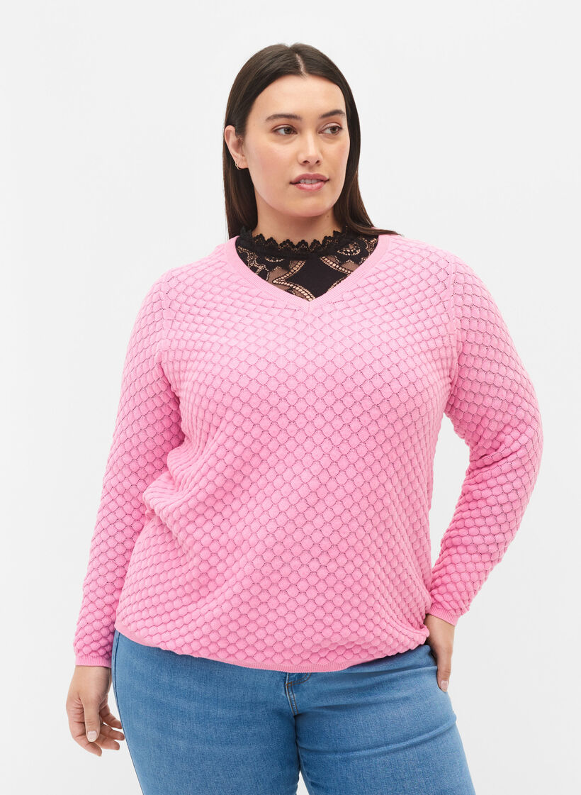 Patterned knitted top with v-neckline, Begonia Pink, Model image number 0