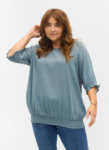 Short-sleeved cotton blouse with smock, Goblin Blue, Model image number 0