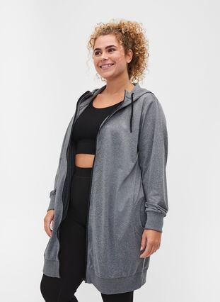 Long hooded sports cardigan with pockets, Grey Melange, Model image number 2