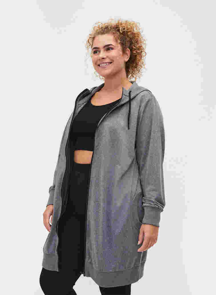 Long hooded sports cardigan with pockets, Grey Melange, Model image number 2