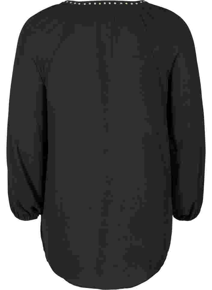 Long-sleeved v-neck blouse with studs, Black, Packshot image number 1