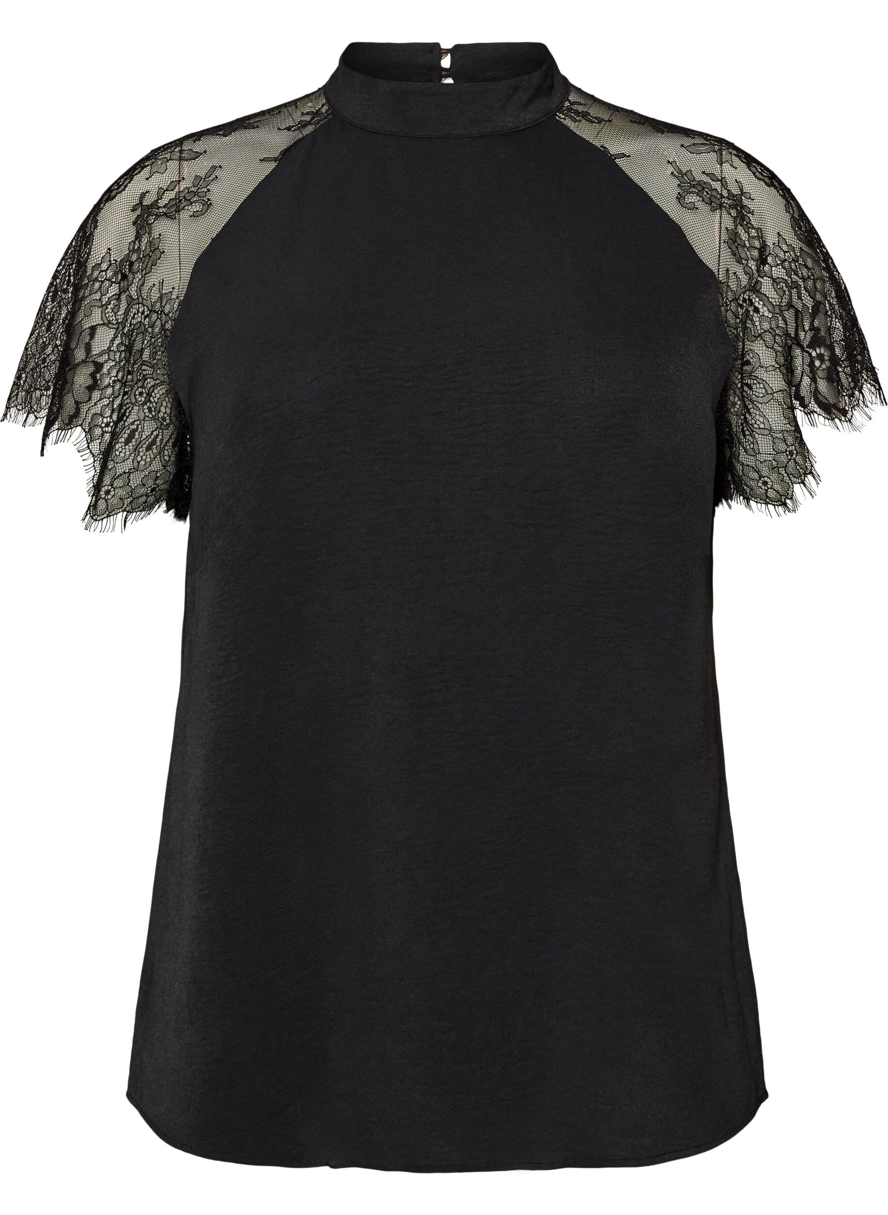 Blouse with short lace sleeves and high neck