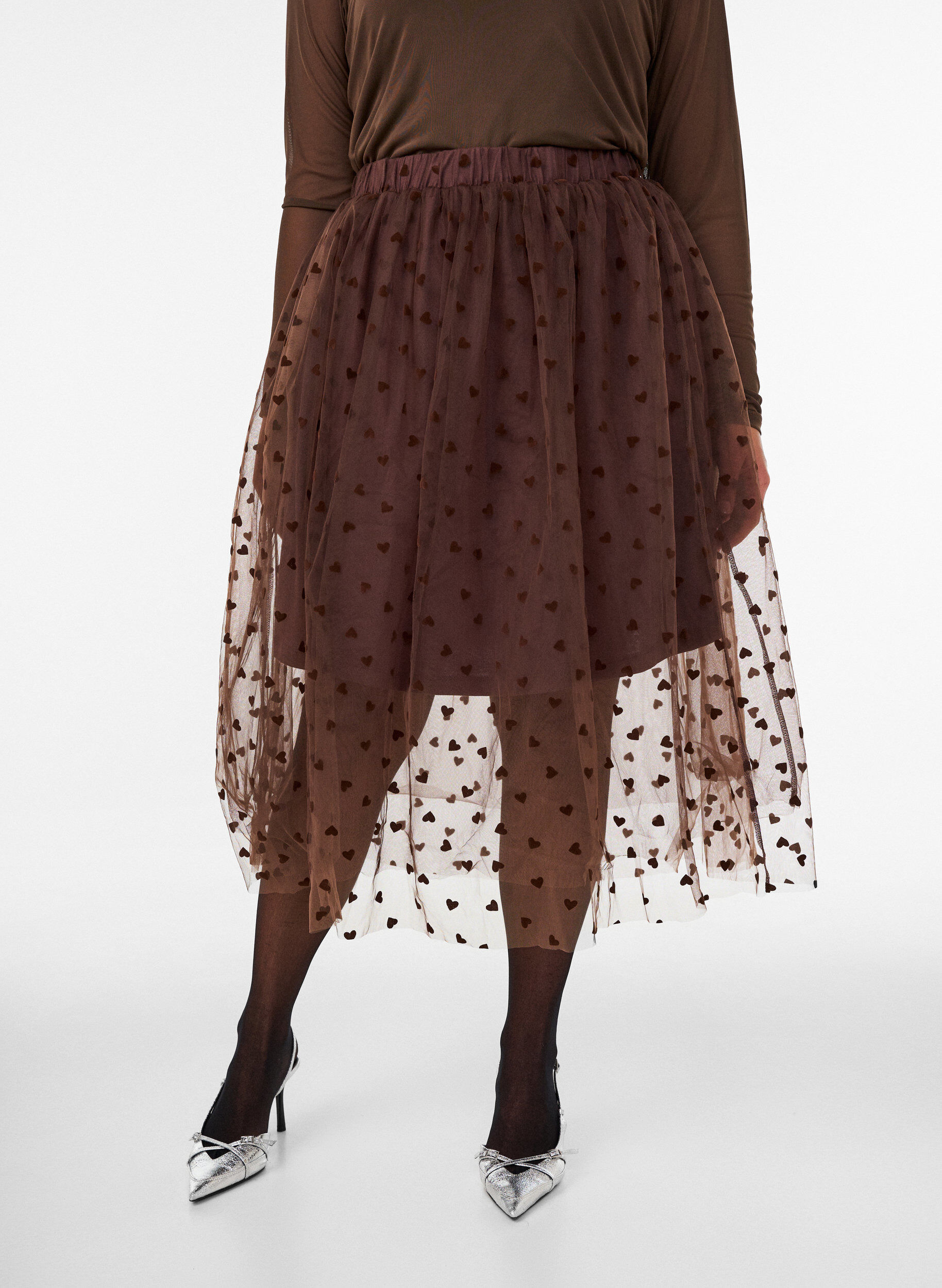 ZizzifashionMidi tulle skirt with hearts, Brown, Model image number 0