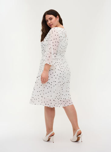 Printed pleated dress with tie string, Bright White w. Dots, Model image number 1