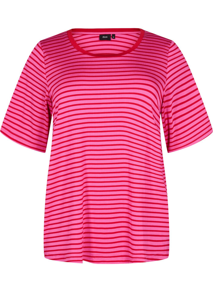 T-shirt with TENCEL™ Lyocell and stripes, Rose, Packshot image number 0