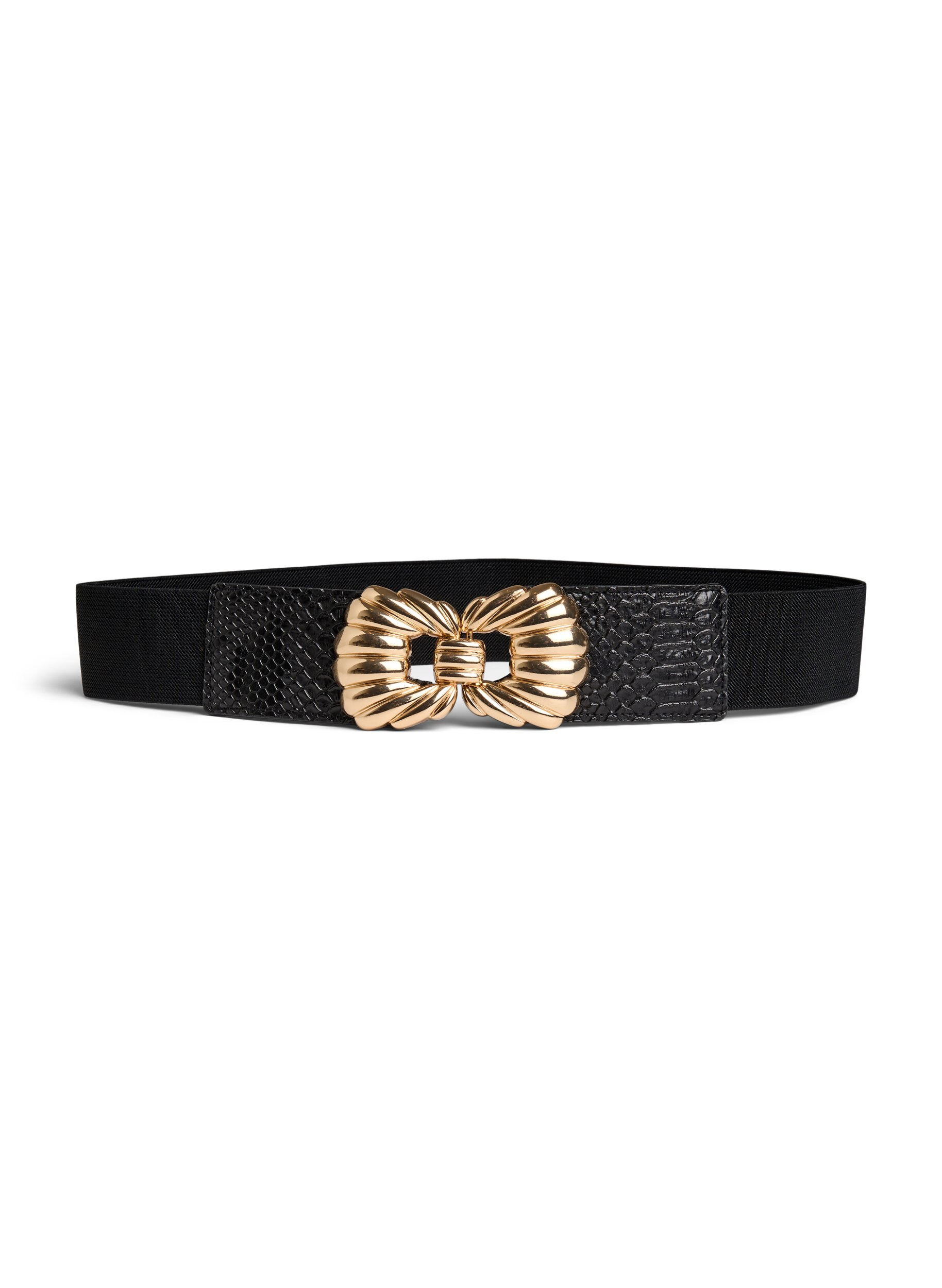 Zizzifashion Elastic waist belt with gold buckle, Black, Packshot image number 0