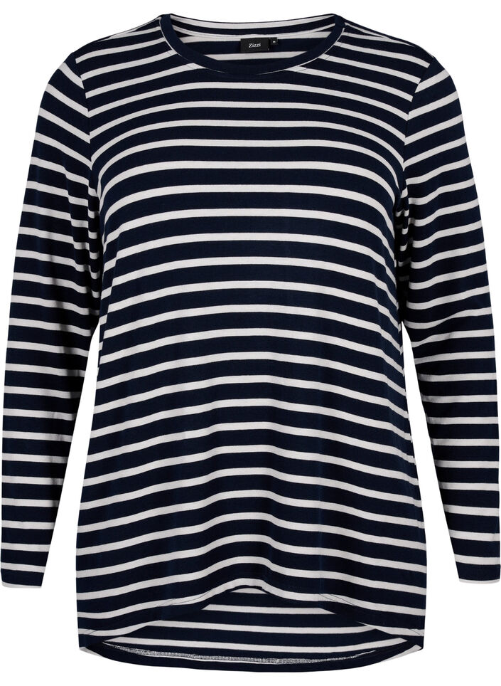 Long-sleeved blouse with stripes, Evening Blue Stripe, Packshot image number 0