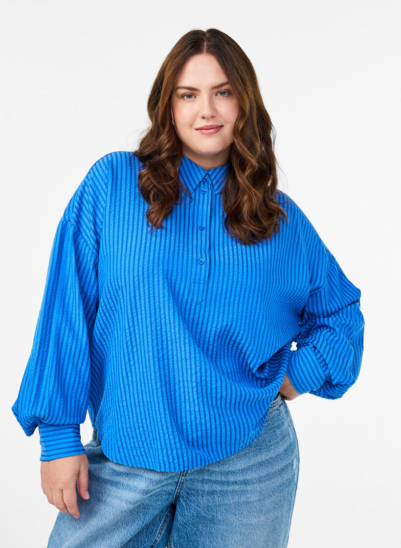 Striped shirt with button detail on the back, Blue, Model image number 0