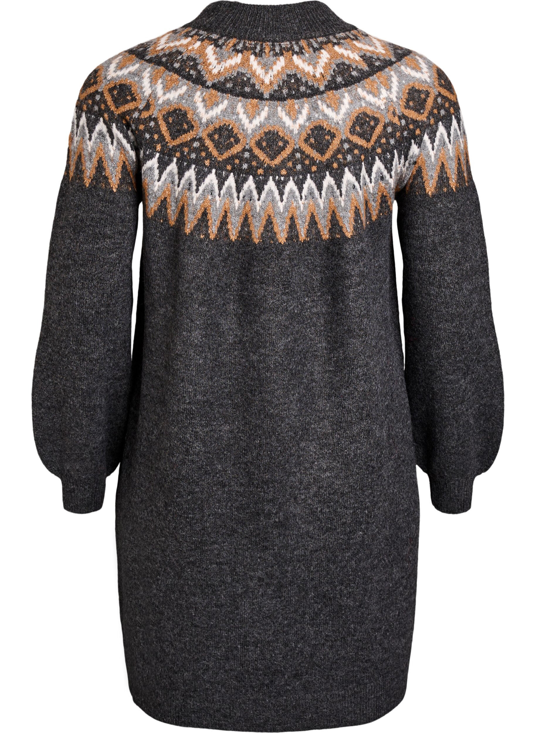 Zizzifashion Knitted dress with jacquard pattern and balloon sleeves, Dark Grey, Packshot image number 1