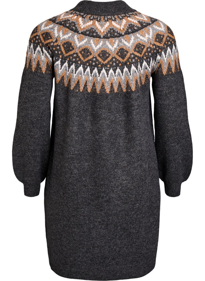 Knitted dress with jacquard pattern and balloon sleeves, Dark Grey, Packshot image number 1