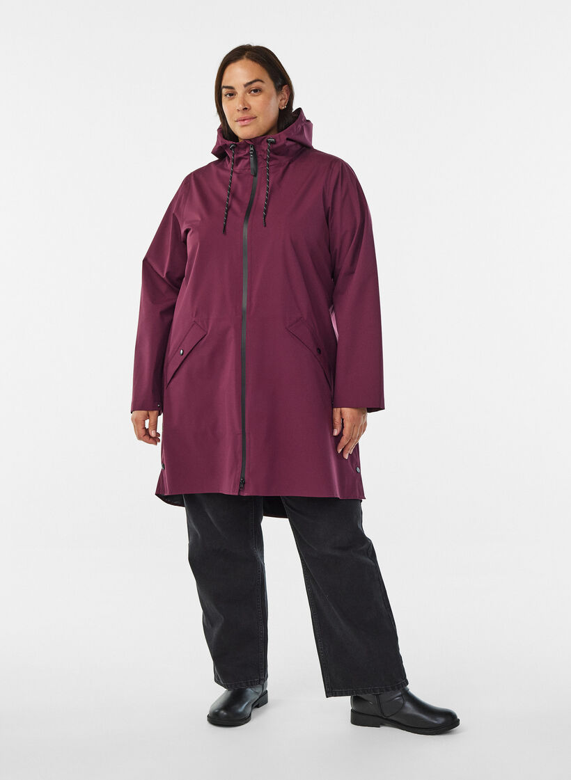 Rain jacket with pockets and hood, Dark Bordeaux, Model image number 1
