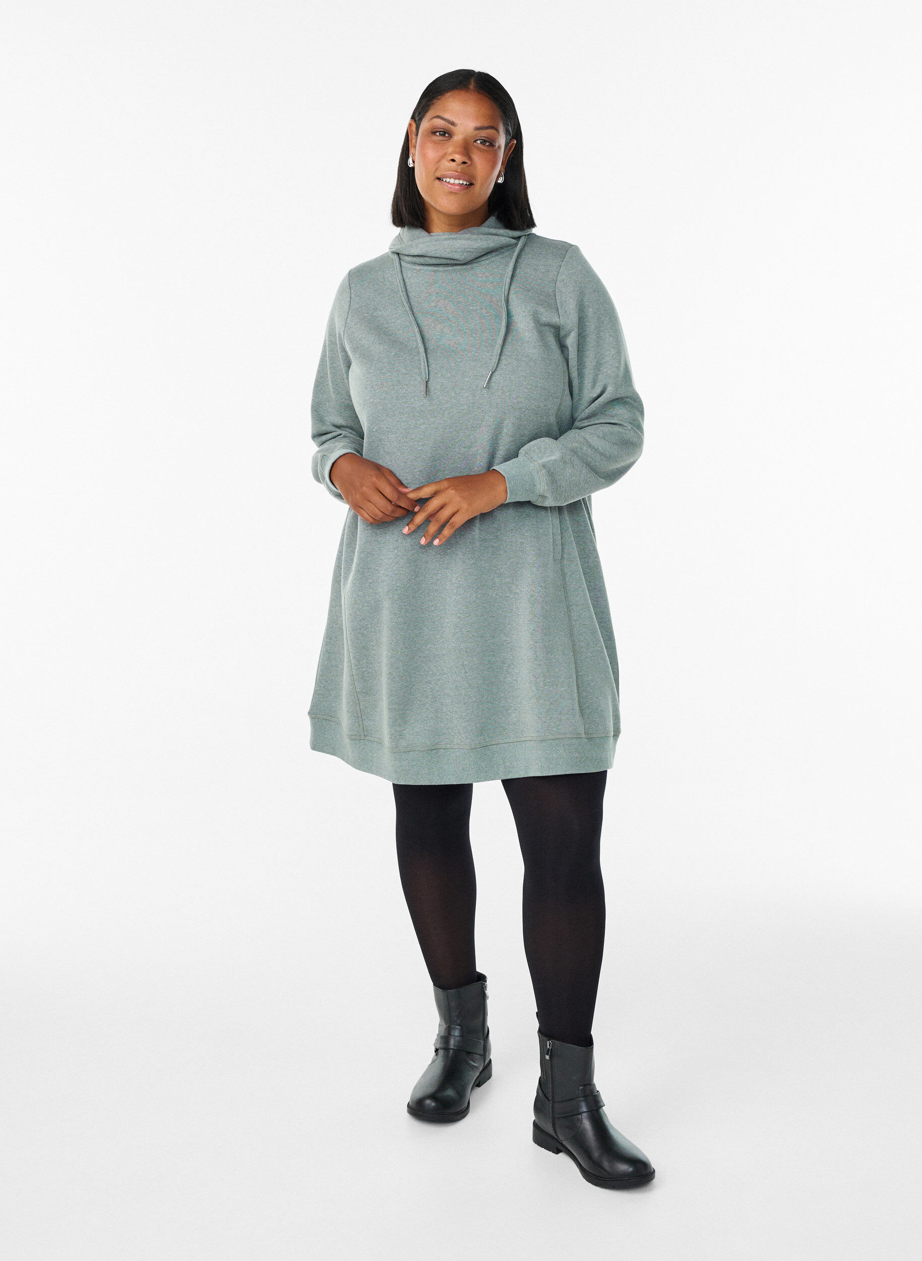 ZizzifashionShort sweatshirt dress with high collar and pockets, Green, Model image number 1