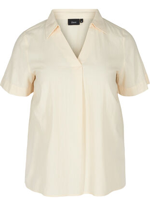 Short-sleeved cotton blouse with v-neck and collar, Mother Of Pearl, Packshot image number 0