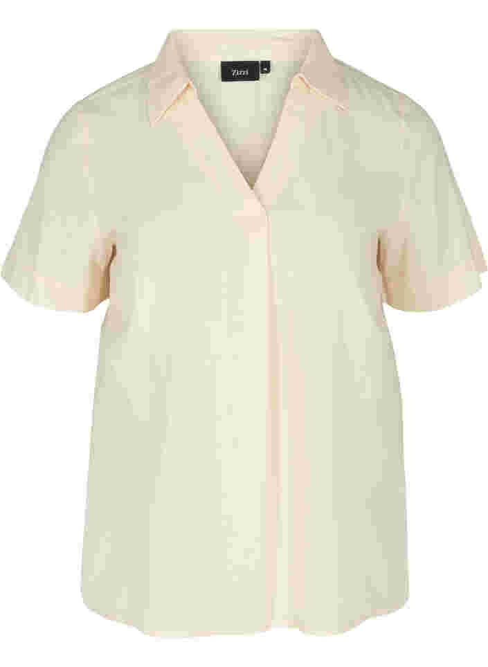 Short-sleeved cotton blouse with v-neck and collar, Mother Of Pearl, Packshot image number 0