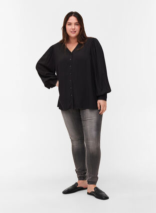 Viscose blouse with buttons and balloon sleeves, Black, Model image number 2