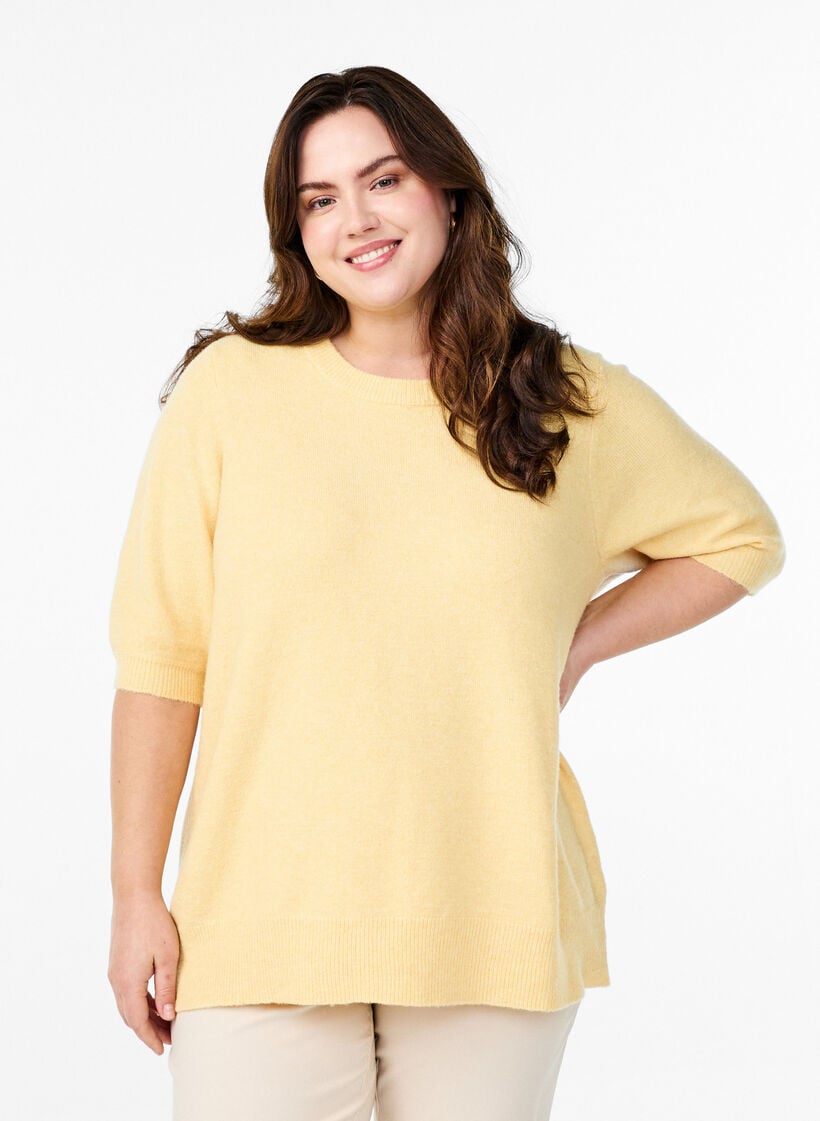 Knitted blouse with short sleeves, Yellow, Model image number 0