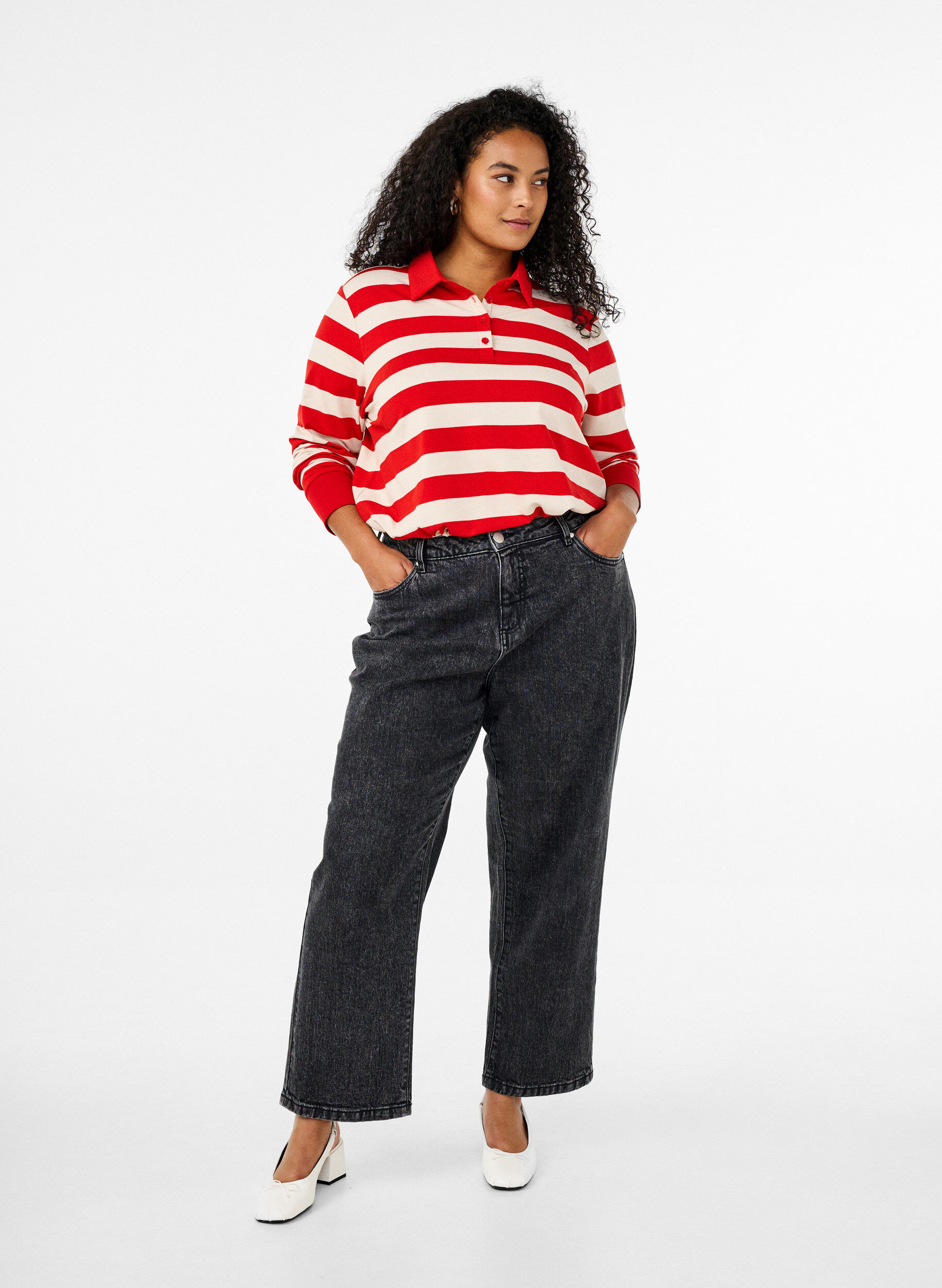 Zizzifashion Long-sleeved polo shirt with stripes, Red, Model image number 1