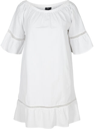 Cotton dress with lace ribbon and short sleeves, Bright White, Packshot image number 0