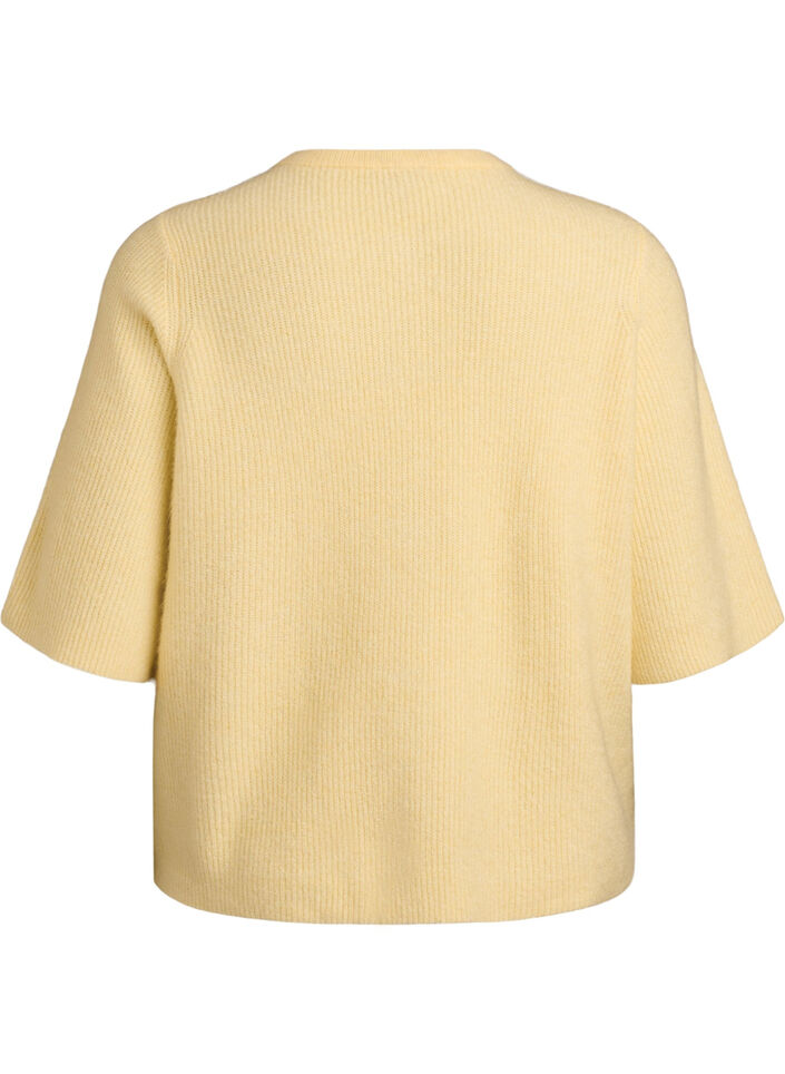 Short-sleeved knit cardigan with shiny ball buttons, Yellow, Packshot image number 1