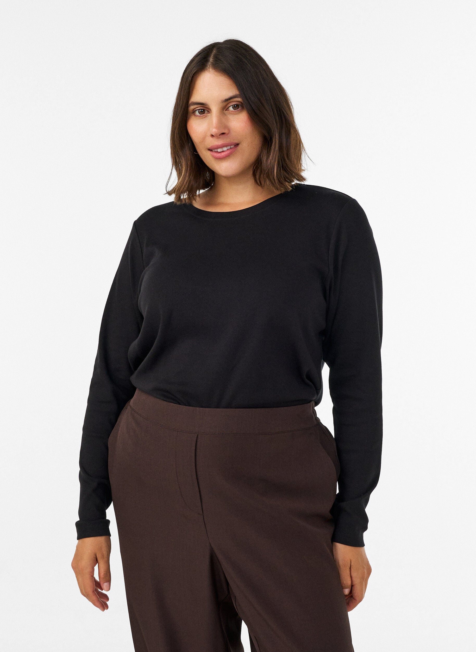 ZizzifashionLong-sleeved basic T-shirt with a round neck, Black, Model image number 0