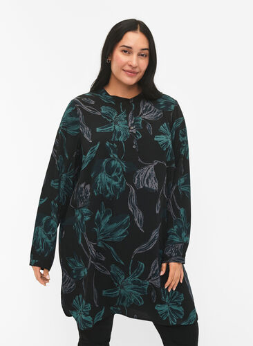 FLASH - Floral tunic with long sleeves, Black Scarab Flower, Model image number 0