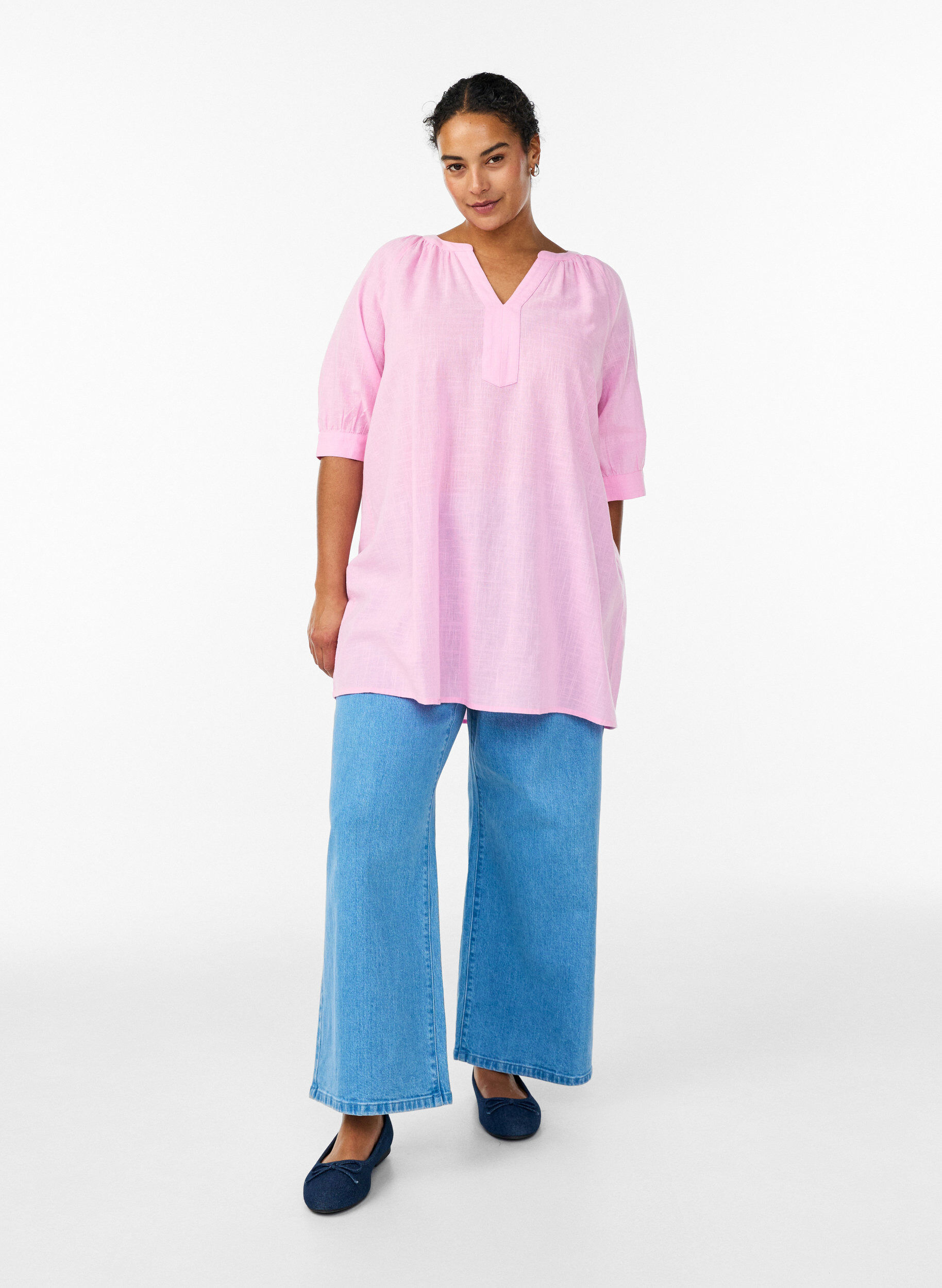 ZizzifashionCotton tunic with a V-neck, Pink, Model image number 1