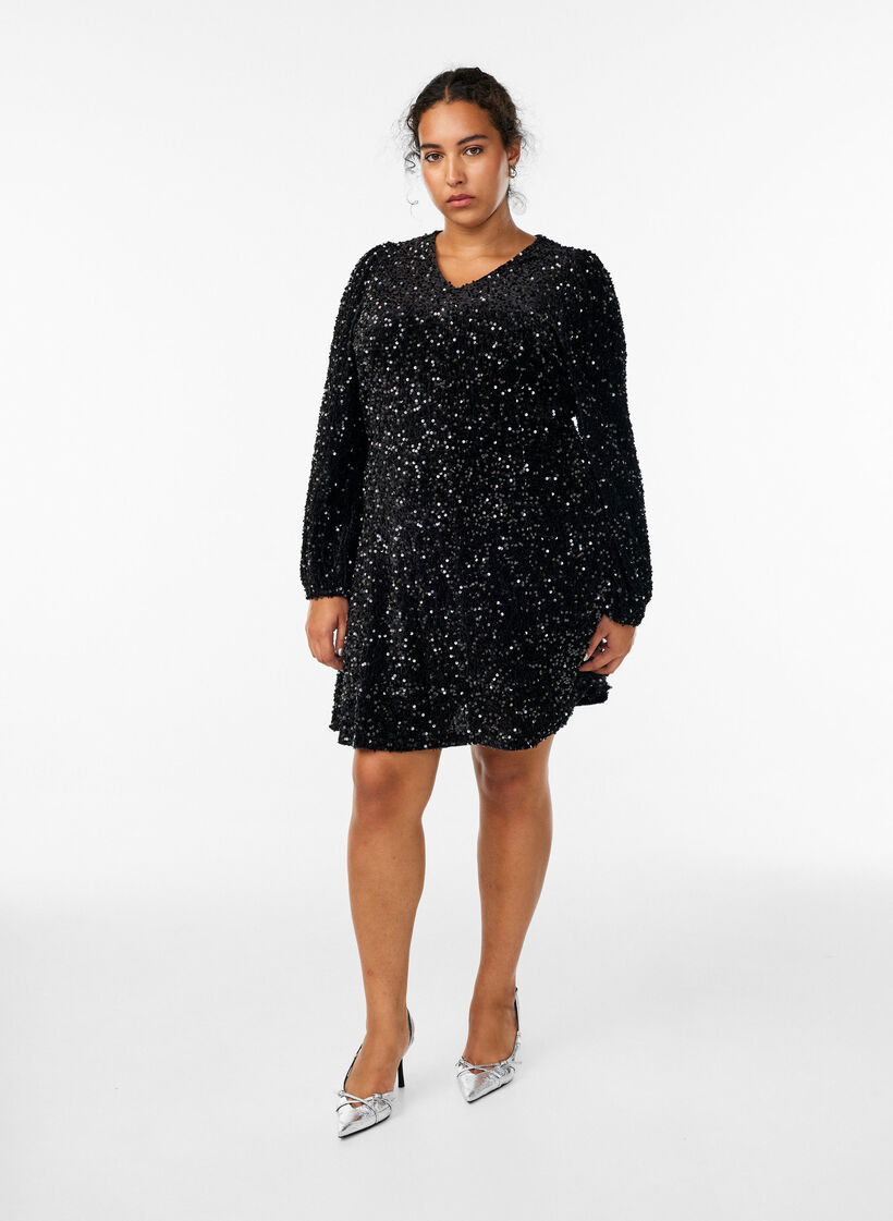 Short A-line sequin dress, Black, Model image number 0
