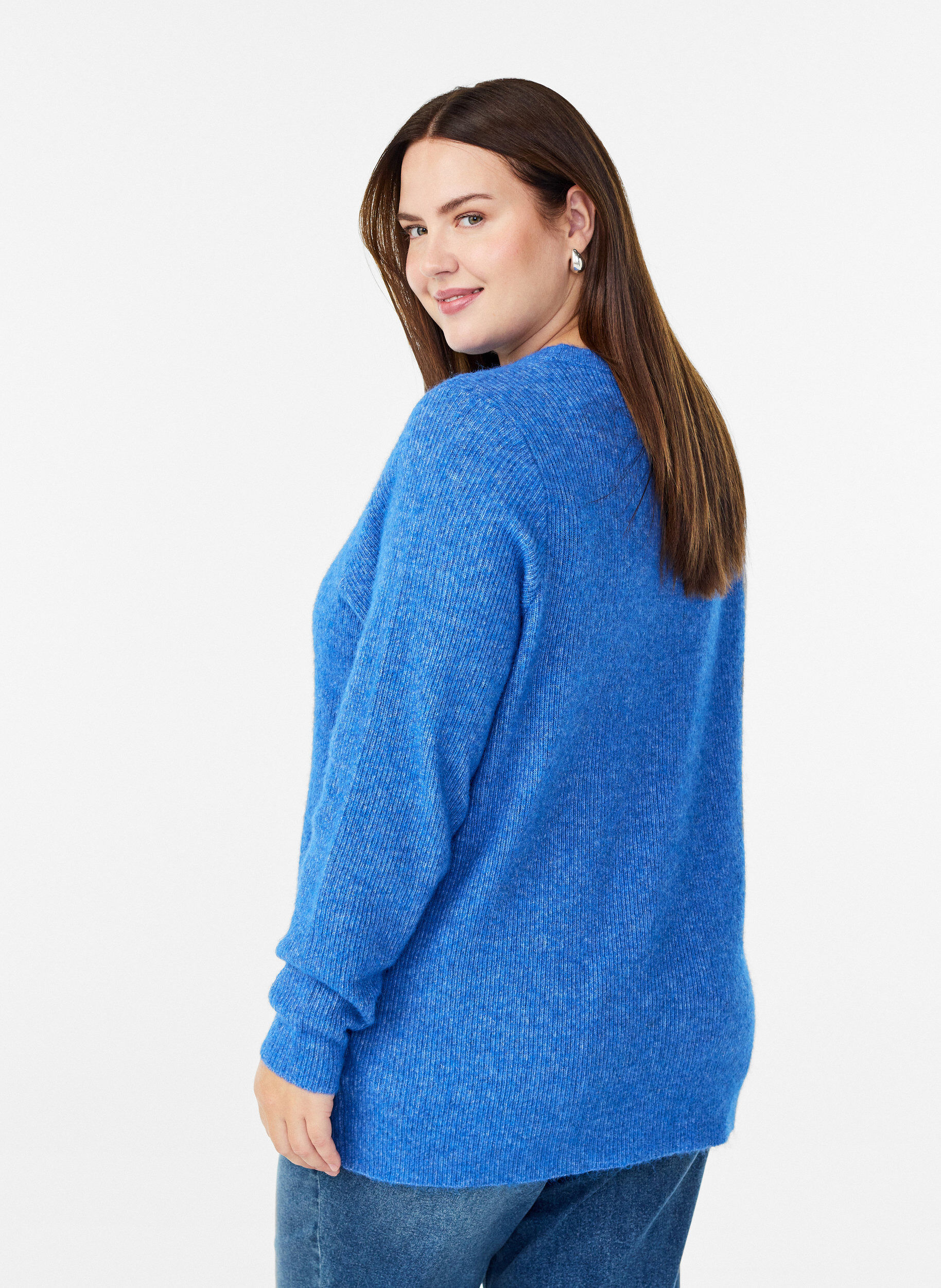 Zizzifashion Melange knit blouse with round neck, Blue, Model image number 2