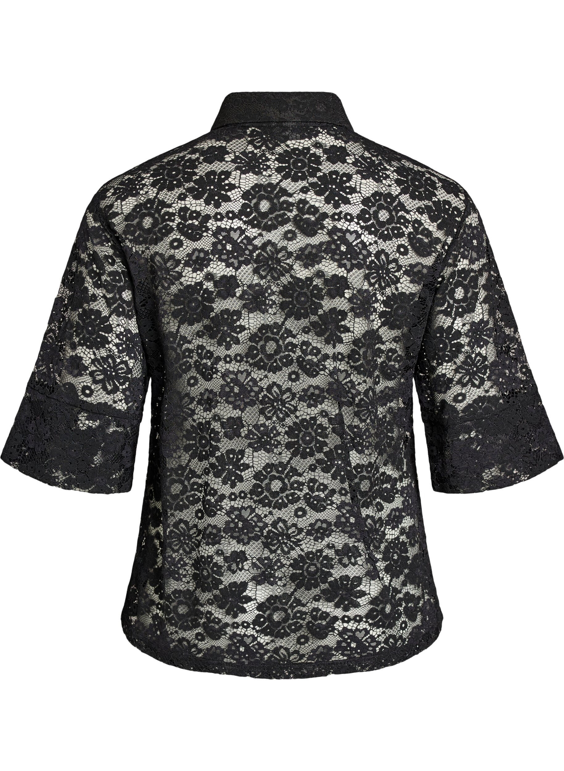 Zizzifashion Lace blouse with collar and 1/2 sleeves, Black, Packshot image number 1