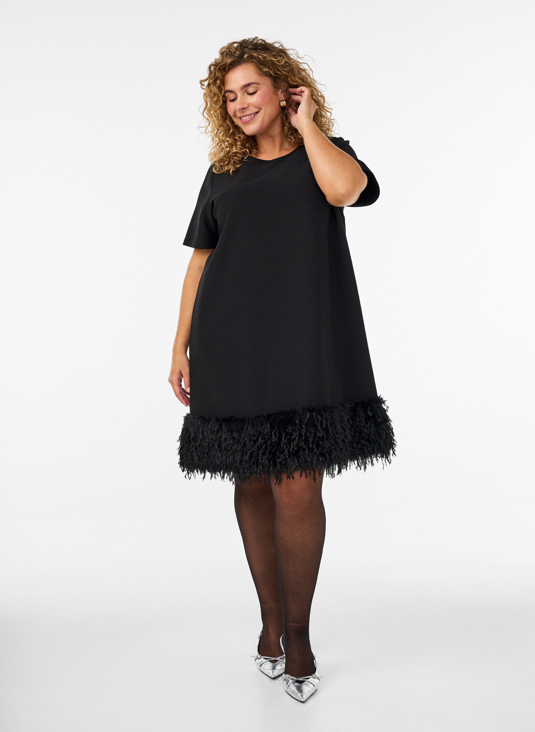 ZizzifashionShort jersey dress with feather trim, Black, Model image number 1