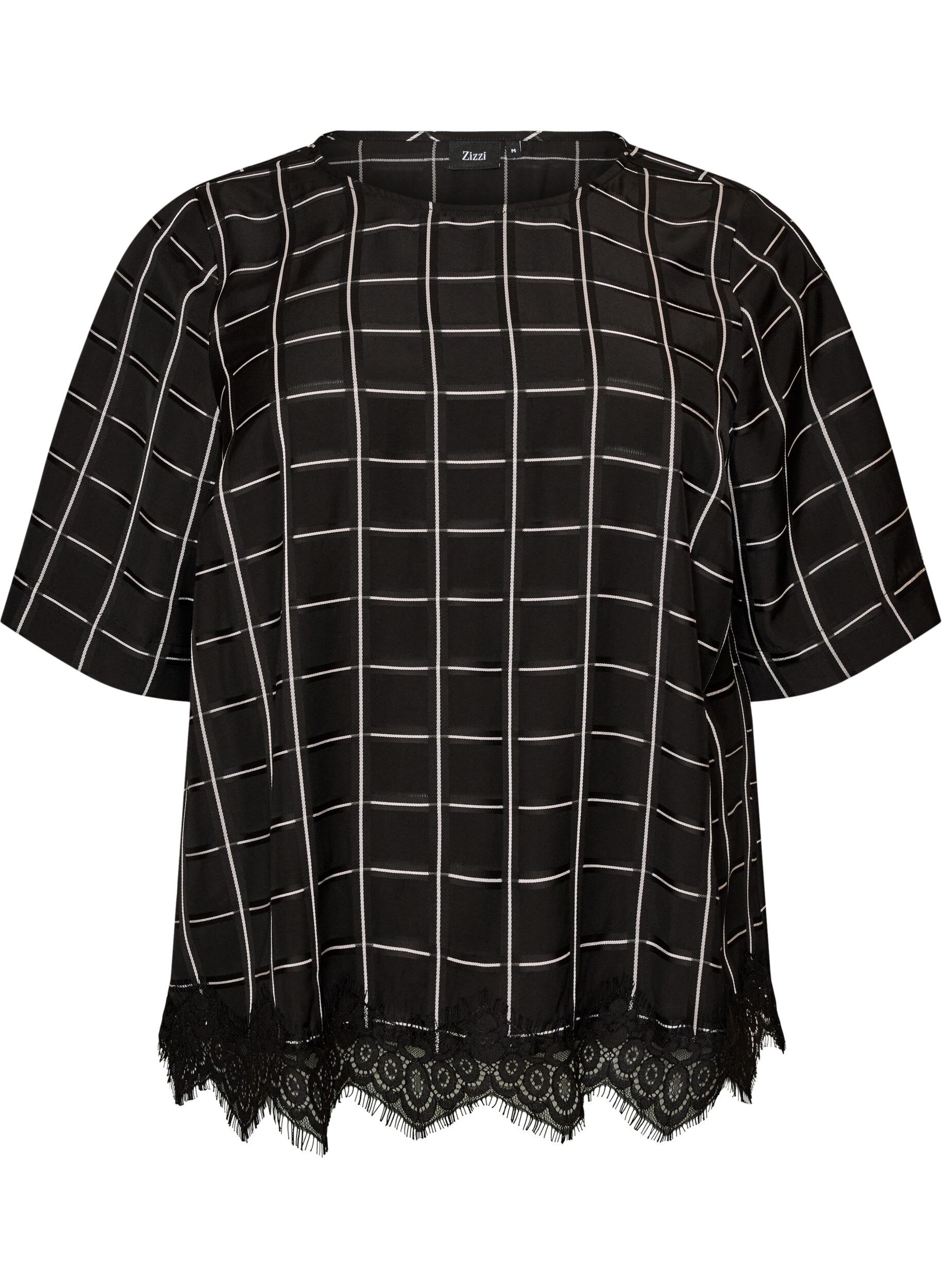 Checked blouse with lace trim and elbow-length sleeves