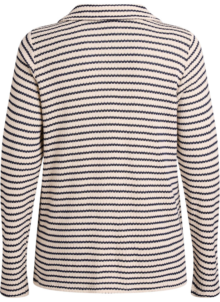 Striped jersey blouse with a collar and V-neck, Beige, Packshot image number 1